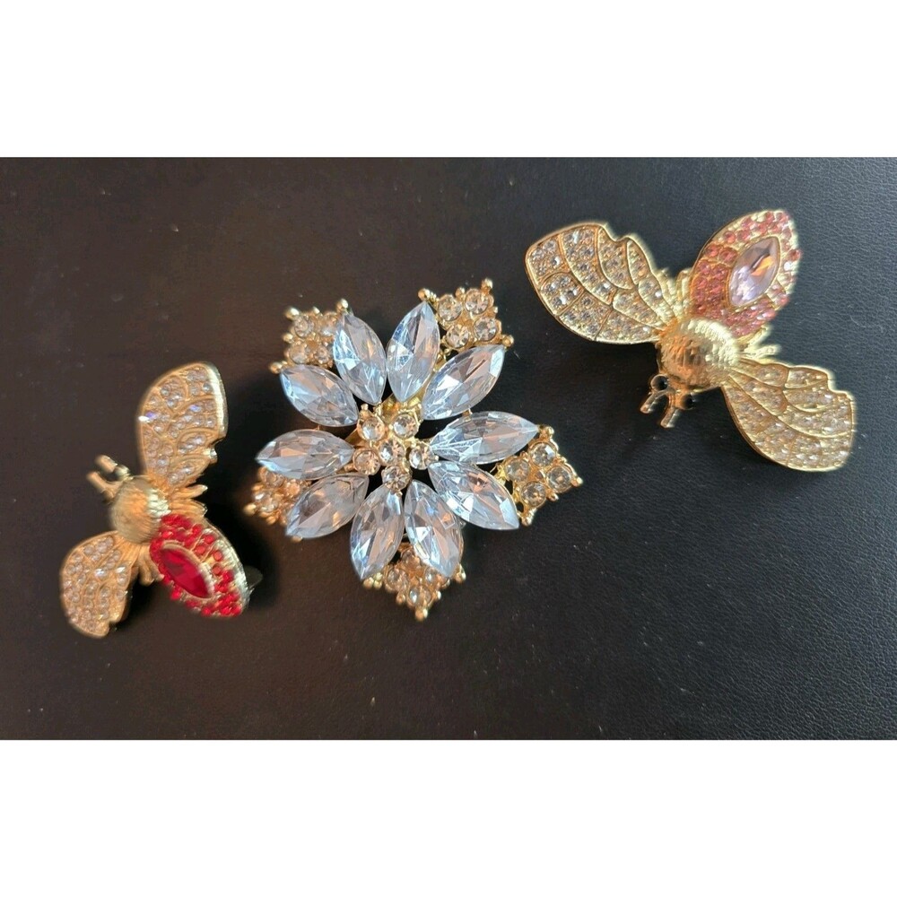 Gold Tone Bee And Rhinestone Flower Brooch Lot Sparkly Insect Floral Pins #334